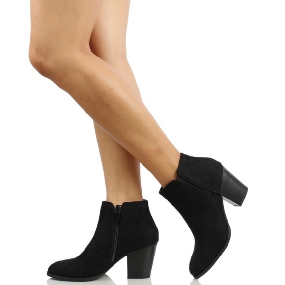 Shoes - Black Faux Suede Stack Block Heel Ankle Boot